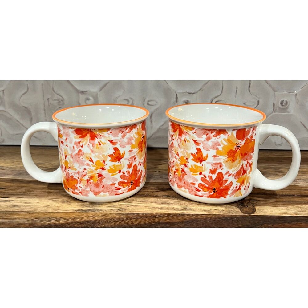 Orly Maison Floral Mugs Set of 2 –16 oz  Orange & Yellow Flowers – Like New